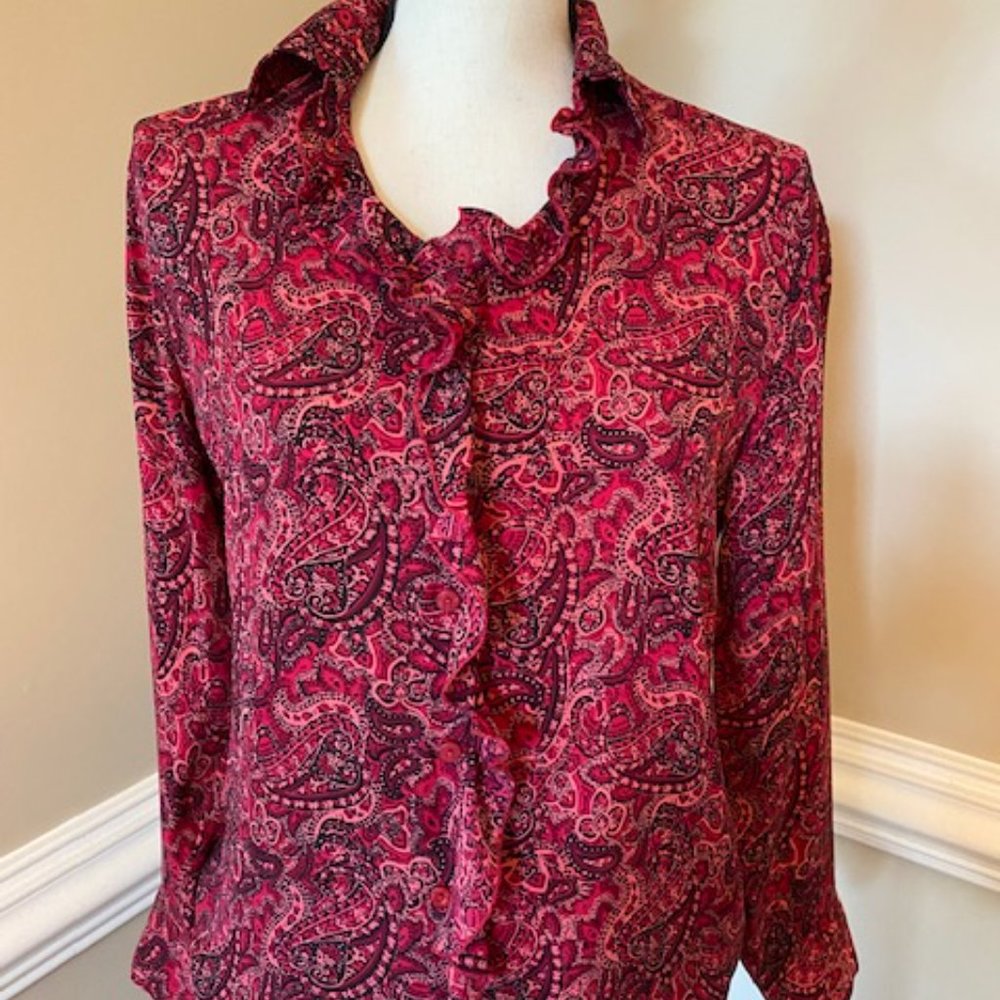 RELATIVITY Paisley Ruffled Blouse Multi Pink and Black Size M 100% Silk